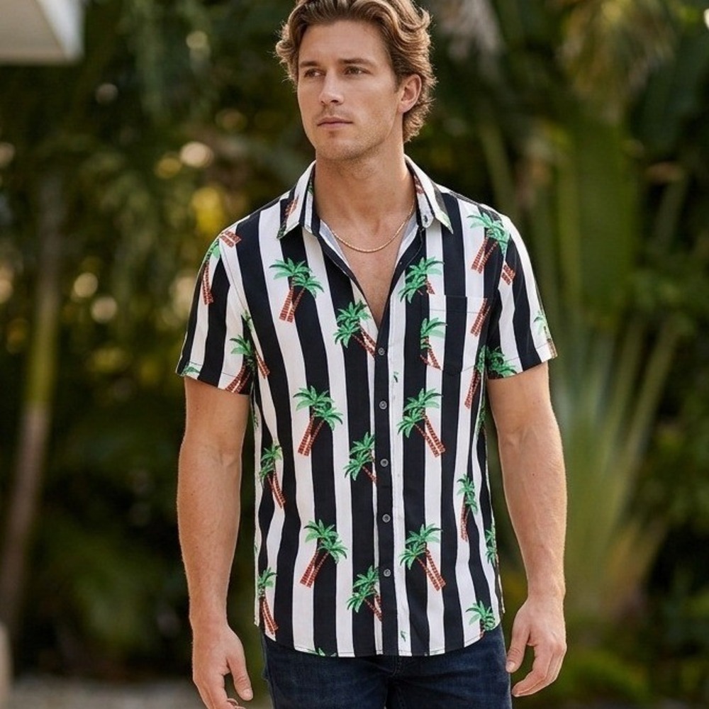 VSTR Premium Mens Small Palm Tree Striped Button Down Shirt Black White Hawaiian